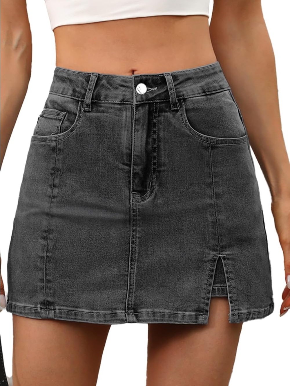 Elleven High-Rise Black Denim Mini Skort with Front Slit